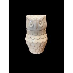 Vintage Ceramic Lidded Owl Trinket Box Jar Beige With Black Speckles - India